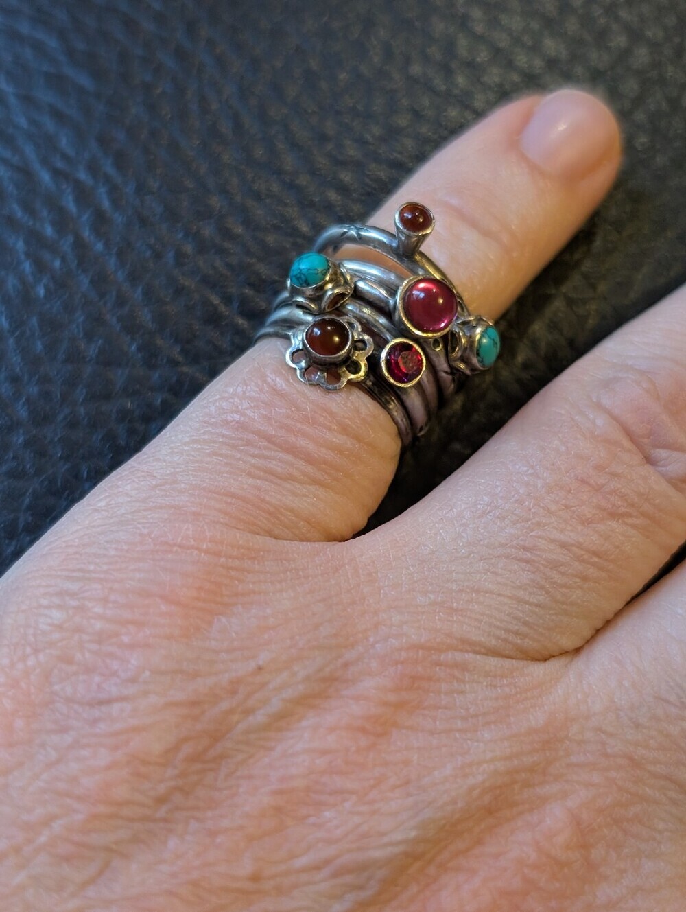 Stackable Silver Rings Set (6)with Turquoise and Red Stones